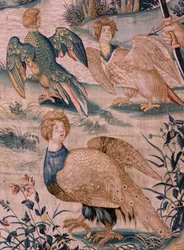tapeçaria flamenga. Série Os Trabalhos de Hércules. Hércules e as aves do Estínfalo (Hércules y las aves del lago Estínfalo). Primeira tapeçaria da série existente. Modelo Desconhecido. Manufatura Willem Dermoyen, Bruxelas. Ca1528. Tecido Seda e lã. ; Tama