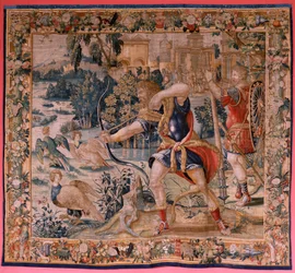 Tapeçaria flamenga. Série The Labours of Hercules. Hércules and the Stymphalian birds (Hércules y las aves del lago Estínfalo). A primeira tapeçaria da série existente. Modelo Desconhecido. Fabrico Willem Dermoyen, Bruxelas. Ca 1528. Tecido Seda e lã. ; Ta