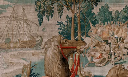 Tapeçaria flamenga. Série The Labours of Hercules. Os Cavalos de Diomedes (Los caballos de Diomedes). A terceira tapeçaria da série existente. O modelo Desconhecido. Fabrico Willem Dermoyen, Bruxelas. Ca1528. Seda de tecido e lã. Tamanho 350 x 400 cm. Loca