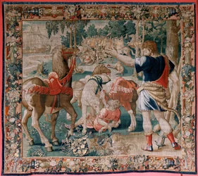 tapeçaria flamenga. Série Os Trabalhos de Hércules. Os Cavalos de Diomedes (Los caballos de Diomedes). Terceira tapeçaria da série existente. Modelo Desconhecido. Manufatura Willem Dermoyen, Bruxelas. Ca1528. Tecido Seda e lã. Tamanho 350 x 400 cm. Localiz