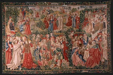 tapeçaria flamenga. Série A Parábola dos Trabalhadores da Vinha. A chamada aos trabalhadores (La llamada a los trabajadores). Primeira tapeçaria da série. Manufatura Bruxelas, oficinas de Pieter van Aelst(?). Ca 1500. Tecido Seda e lã, 6 teias pe