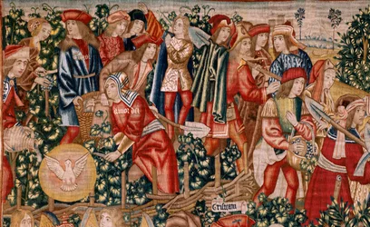 tapeçaria flamenga. Série A Parábola dos Trabalhadores da Vinha. O pagamento do denário (El pago del denario). Segunda tapeçaria da série. Manufatura Bruxelas, oficinas de Pieter van Aelst (?). Ca 1500. Tecido Seda e lã, 6 teias por cm.