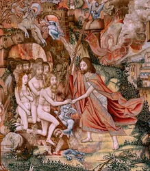 Tapeçaria flamenga. Série A Paixão de Cristo. A Descendência da Cruz (Descendimiento). A segunda série de tapeçaria da Paixão de Cristo pertencente ao Patrimonio Nacional. Modelos cartoonistas do círculo de Jan van Roome. Fabrico Pieter va