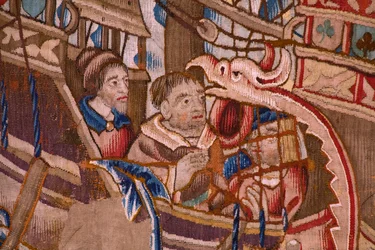 Tapeçaria flamenga. Série The Portugese in india: A Chegada a Calicut (De Aankomst em Calicut, Llegado de Vasco de Gama a Lisboa). Ca 1510. Colecção Caixa Geral de Depósitos, Lisboa. Detalhe.
