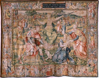 Tapeçaria flamenga. Série As Sete Virtudes. Justiça (La Justicia). Modelo baseado em Michiel Coxcie. Fabrico em Bruxelas. Fabrico por Frans Geubels. Ca 1560-1570. Seda de tecido e lã. Tamanho 330 x 450 cm. Localização Catedral de Burgos. Origem Um legado a