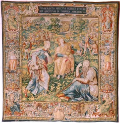 tapeçaria flamenga. Série As Sete Virtudes. Temperança (La Templanza). Modelo baseado em Michiel Coxcie. Fabricação Bruxelas. Fabricação por Frans Geubels. Ca1560-1570. Tecido Seda e lã. Tamanho 330 x 320 cm. Localização Catedral de Burgos. Origem A legado