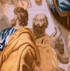 tapeçaria flamenga. Série O Triunfo da Eucaristia. Os quatro evangelistas (Los cuatro evangelistas). Décima primeira tapeçaria da série. Modelo Peter Paul Rubens. 1626-1628. Manufatura Jan II Raes, Hans Vervoert, Jacques Fobert, Bruxelas