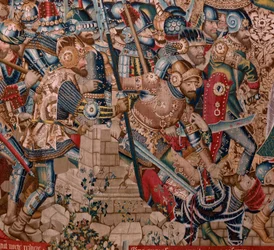 Tapeçaria flamenga. Série A Guerra de Tróia. A Destruição de Tróia (Destrucción de Troya). A décima primeira tapeçaria da série. Modelo Coëtivy Master (Henry ou Conrard de Vulcop). Oficinas de fabrico de Tournai. Ca 1470. Lã e seda de tecido, 6/7 urdiduras