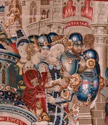 tapeçaria flamenga. Série A Guerra de Tróia. A Destruição de Tróia (Destrucción de Troya). Décima primeira tapeçaria da série. Modelo Coëtivy Master (Henry ou Conrard de Vulcop). Fabricar oficinas de Tournai. Ca 1470. Tecido Lã e seda, 6/7 teias por cm.