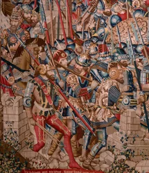 Tapeçaria flamenga. Série A Guerra de Tróia. A Destruição de Tróia (Destrucción de Troya). A décima primeira tapeçaria da série. Modelo Coëtivy Master (Henry ou Conrard de Vulcop). Oficinas de fabrico de Tournai. Ca 1470. Lã e seda de tecido, 6/7 urdiduras
