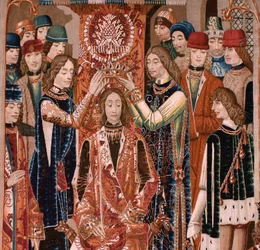 Tapeçaria flamenga. Série desconhecida. História romana? Tarquínio Prisco (Tarquino Prisco). Produção em oficinas de Bruxelas? Cerca de 1475. Tecido de lã e seda, 6 fios de urdidura por cm. Proveniência: uma doação do conde de Alba de Aliste; chegou à