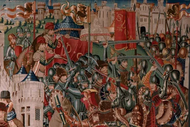 Tapeçaria flamenga. Série desconhecida. História romana? Tarquínio Prisco (Tarquino Prisco). Manufatura das oficinas de Bruxelas? Ca. 1475. Tecido: lã e seda, 6 fios de urdidura por cm. Proveniência: Doação do conde de Alba de Aliste, chegou à catedral em