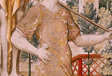 tapeçaria flamenga. Série Vertumnus e Pomona. No II Vertumnus transformado em agricultor (Vertumno y Pomona II Vertumno transformado em agricultor) no1 parte esquerda. Modelos Circle de Pieter Coecke Van Aelst e Léonard Thiry. Atelier desconhecido, Bruxela