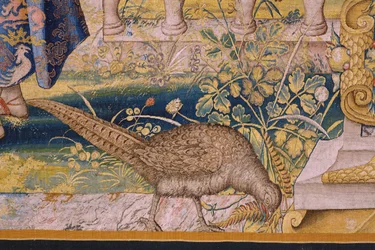 tapeçaria flamenga. Série Vertumnus e Pomona: Vertumnus transformado em agricultor (Vertumnus como agricultor, Vertumno transformado e agricultor). Estúdio Willem de Pannemaker. cerca de 1545-1550. Detalhe.