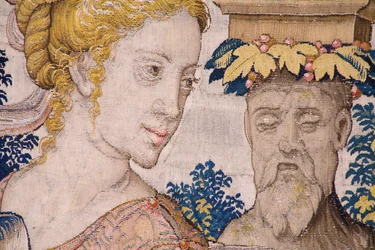 tapeçaria flamenga. Série Vertumnus e Pomona: Vertumnus transformado em agricultor (Vertumnus como agricultor, Vertumno transformado e agricultor). Estúdio Willem de Pannemaker. cerca de 1545-1550. Detalhe.