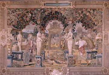 Tapeçaria flamenga. Série Vertumnus e Pomona. Vertumno transformado em colhedora (Vertumno transformado em segador). Primeira tapeçaria da série. Modelo Círculo de Pieter Coeck van Aelst. ; Fabrico Wilhelm Pannemaker, Bruxelas. Ca 1545-1550. Tecido