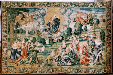 tapeçaria flamenga. Série o Salve. Ad te clamamus. Segunda tapeçaria da série. Fabricar oficinas de Bruxelas, uma possível fabricação de Marc Crétif. Ca 1528. Tamanho 429 x 646 cm. Tecido Seda e lã. Localização Catedral de Palencia. Origem Um legado de