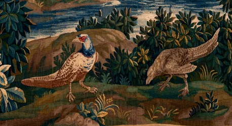 tapeçaria flamenga. Assim chamado Verdure (Paisagem com água, árvores e faisões). Atelier de Oudenaarde. 277x200cm. Inv 00012. Século XVII.