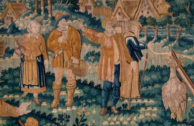 Tapeçaria flamenga. O jogo do ganso (Het ganzenspel). Atelier de Oudenaarde. 341x395cm. Inv (83058)-7 / 0008. Século XVII.