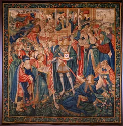 tapeçaria flamenga. Triunfo do tempo (De triomf van de Tijd, El triunfo del Tiempo). Lã e seda. 347x342cm. Coleção privada. 1504.