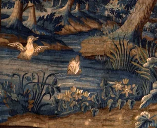 Tapeçaria flamenga. Verdure. Fim do século XVIII, 17º-bengo. Propriedade da igreja Sint-Walburgakerk Oudenaarde (Dekenij van de Sint-Walburga). Detalhe.