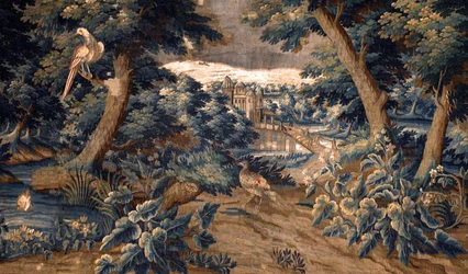 Tapeçaria flamenga. Verdure. Fim do século XVIII, 17º-bengo. Propriedade da igreja Sint-Walburgakerk Oudenaarde (Dekenij van de Sint-Walburga). Detalhe.