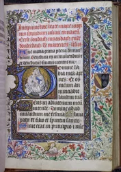 Inicial historiada com o Livro de Horas da Virgem e do Menino, Uso de Tournai, sobre um crescente combinado com uma orla de barras de três lados e uma orla completa com folhas de acanto, flores, aves, um anjo músico e um brasão