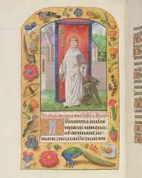 MS 1058-1975 f.161v São Bernardo em um hábito cisterciense com um demônio acorrentado por trás dele, de um livro de horas, provavelmente Bruges, c.1500-05