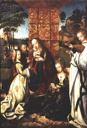 Madonna e Child com St. Catherine, um anjo e outras figuras