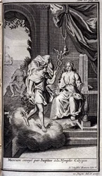 Mercúrio enviado por Júpiter para a ninfa Calipso. Ilustração do livro V da Odisseia de Homero, na Odisseia, publicado em Amsterdã em 1731, Coleção privee Milan.