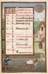 Ms 1058-1975 f10r arando com dois cavalos, página de calendário iluminado para outubro, de um livro de horas, c.1500