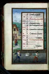 Ms 1058-1975 f.10v Dois Homens Semeando Milho, página de calendário iluminada para outubro, de um Livro de Horas, c.1500 (vellum)