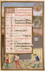 Ms 1058-1975 f8r Debulha Milho no Celeiro, página de calendário iluminada para agosto, de um Livro de Horas, c.1500