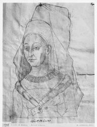 Senhora 266 fol.63 Isabella de Bourbon, condessa de Charolais, segunda esposa de Charles o Negrito, Conde de Charolais e Duque de Borgonha, de Le Recueil dArras (giz vermelho no papel)