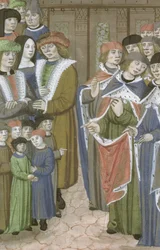 Sra. Hunter 9 f.68v Grupo de médicos, homens, mulheres e crianças, de De Medina Fen I. II, de Avicena (980-1037)