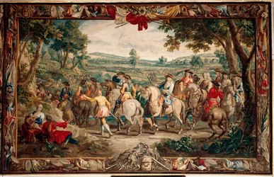 Palácio (Schlossanlage Schleißheim). Tapeçaria flamenga. Atelier Judocus De Vos de Bruxelas. Design Lambert De Hondt. A marcha (La Marche). 400x640cm. Lã e seda. Ca 1715 - 1724.