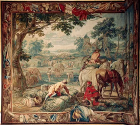 Palácio (Schlossanlage Schleißheim). tapeçaria flamenga. Atelier de Bruxelas Judocus De Vos. Projeto Lambert De Hondt. Alimentação (forrageamento). 400x510cm. Lã e seda. Por volta de 1715-1724.