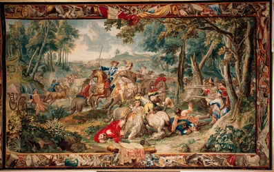 Palácio (Schlossanlage Schleißheim). Tapeçaria flamenga. Atelier Judocus De Vos de Bruxelas. Design Lambert De Hondt. Emboscada (Emboscada). 400x630cm. Lã e seda. Ca 1715 - 1724.