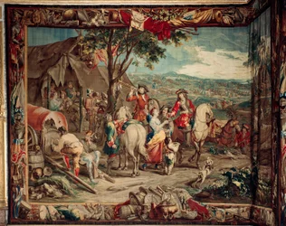 Palácio (Schlossanlage Schleißheim). Tapeçaria flamenga. Atelier de Bruxelas Judocus De Vos. Design Lambert De Hondt. Acampamento (Campement). Lã e seda. 400x510cm. Ca 1715 - 1724.
