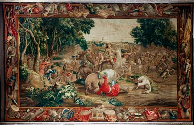 Palácio (Schlossanlage Schleißheim). Tapeçaria flamenga. Atelier Judocus De Vos de Bruxelas. Design Lambert De Hondt. Emboscada (Emboscada). Lã e seda. Ca 1715 - 1724.