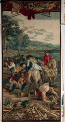 Palácio (Schlossanlage Schleißheim). tapeçaria flamenga. Atelier de Bruxelas Judocus De Vos. Projeto Lambert De Hondt. (Fachinada). 400x190cm. Lã e seda. Por volta de 1715-1724.