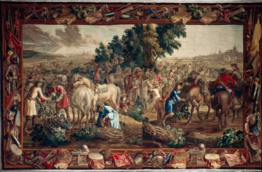 Palácio (Schlossanlage Schleißheim). Tapeçaria flamenga. Atelier Judocus De Vos de Bruxelas. Design Lambert De Hondt. Lã e seda. Ca 1715 - 1724.