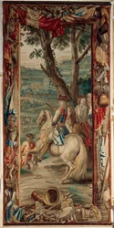 Palácio (Schlossanlage Schleißheim). Tapeçaria flamenga. Atelier de Bruxelas Judocus De Vos. Design Lambert De Hondt. Maximilian II Emanuel (Maximilian Emmanuel e dois homens de infantaria). 400x175cm. Lã e seda. Ca 1715 - 1724.