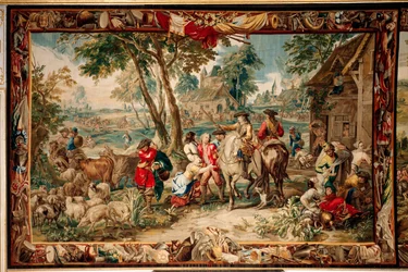 Palácio (Schlossanlage Schleißheim). tapeçaria flamenga. Atelier de Bruxelas Judocus De Vos. Projeto Lambert De Hondt. Pilhagem (pilhagem). 400x595cm. Lã e seda. Por volta de 1715-1724.