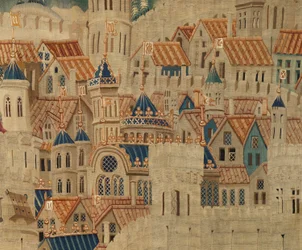 Museu Paroquial de tapeçarias (Museo Parroquial de Tapices de Pastrana). Tapeçaria flamenga. Conquista de Tanger (Toma de Tánger, De inname van Tanger). Série Conquistas de Alfonso I de Portugal (Conquistas de Alfonso V de Portugal). Tournai. Lã e seda