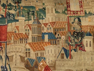Museu Paroquial das Tapeçarias (Museu Paroquial das Tapeçarias de Pastrana). tapeçaria flamenga. Conquista de Tânger (Tomada de Tânger, De inname van Tanger). Série Conquistas do rei Afonso I de Portugal. Tournai. Lã e seda