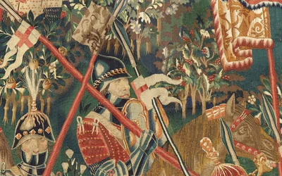 Museu Paroquial de tapeçarias (Museo Parroquial de Tapices de Pastrana). Tapeçaria flamenga. Conquista de Tanger (Toma de Tánger, De inname van Tanger). Série Conquistas de Alfonso I de Portugal (Conquistas de Alfonso V de Portugal). Tournai. Lã e seda