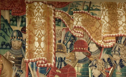 Museu Paroquial de tapeçarias (Museo Parroquial de Tapices de Pastrana). Tapeçaria flamenga. Conquista de Tanger (Toma de Tánger, De inname van Tanger). Série Conquistas de Alfonso I de Portugal (Conquistas de Alfonso V de Portugal). Tournai. Lã e seda