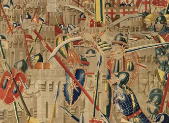 Museu Paroquial de tapeçarias (Museo Parroquial de Tapices de Pastrana). Tapeçaria flamenga. Toma de Arcila (Toma de Arcila, Asalto de Arcila, De inname van Arzila). Série Conquistas do rei Afonso I de Portugal (Conquistas de Alfonso V de Portugal). Tourna