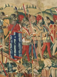 Museu Paroquial das Tapeçarias (Museu Paroquial das Tapeçarias de Pastrana). tapeçaria flamenga. O desembarque em Arzila (O desembarque em Arzila, Desembarco e Arzila). Série Conquistas do Rei Afonso I de Portugal (Conquistas do Rei Afonso V de Portugal). 